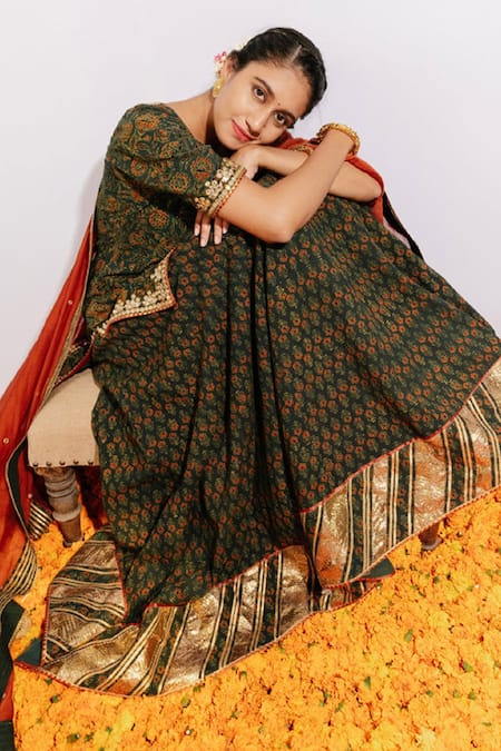 Buy_Shrutkirti_Green Cotton Printed Ajrakh Round Floral Top Lehenga Set _Online_at_Aza_Fashions