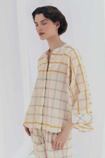 Itr By Khyati Pande_Beige Handloom Cotton Embroidery Round Neck Apricot Handwoven Box Shirt_at_Aza_Fashions