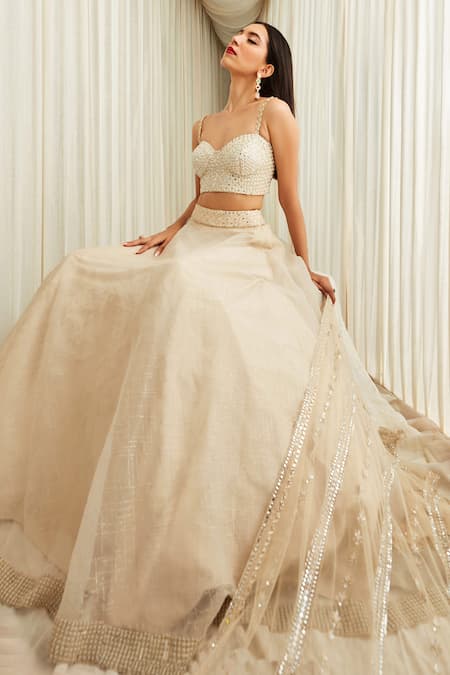 Sawan Gandhi_Beige Organza Pearl Work Lehenga And Corset Blouse Set_Online_at_Aza_Fashions