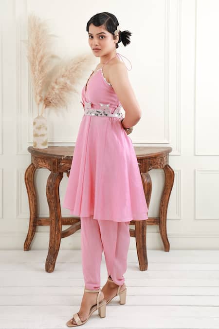 Shop_EK Soot_Pink Kurta  Chanderi Printed Floral Halter Flared Dhoti Pant Set _Online_at_Aza_Fashions