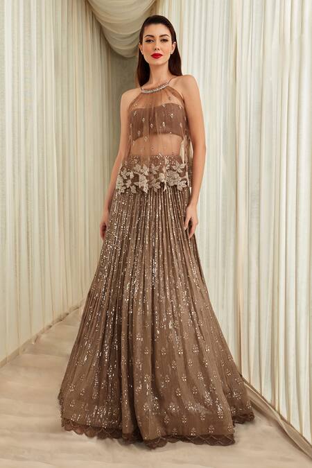 Sawan Gandhi_Gold Georgette Embellished Sequin Halter Neck Lehenga Sheer Top Set_Online_at_Aza_Fashions