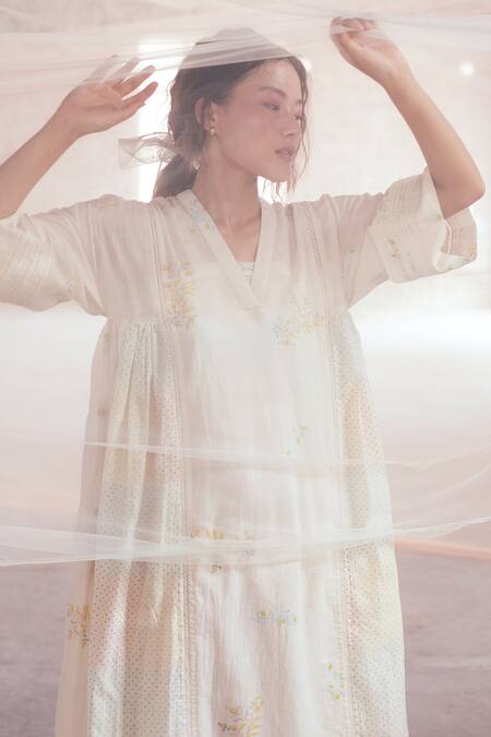 Itr By Khyati Pande_Off White Handloom Cotton, Silk Floral Polka Dot Hand Block Print A-line Dress_at_Aza_Fashions