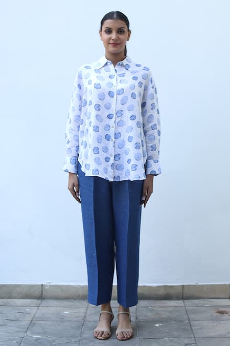 Linen Bloom_White Linen Collared Dot Print Shirt _Online_at_Aza_Fashions