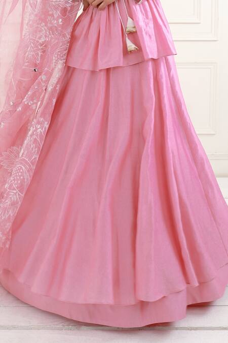 EK Soot Pink Chanderi, Organza Embroidery Round Neck Layered Lehenga Set Online at Aza Fashions EK Soot_Pink Chanderi, Organza Embroidery Round Neck Layered Lehenga Set_Online_at_Aza_Fashions
