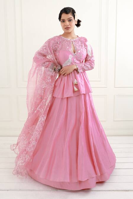 Buy EK Soot Pink Chanderi, Organza Embroidery Round Neck Layered Lehenga Set Online at Aza Fashions Buy_EK Soot_Pink Chanderi, Organza Embroidery Round Neck Layered Lehenga Set_Online_at_Aza_Fashions