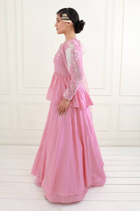 Shop EK Soot Pink Chanderi, Organza Embroidery Round Neck Layered Lehenga Set Online at Aza Fashions Shop_EK Soot_Pink Chanderi, Organza Embroidery Round Neck Layered Lehenga Set_Online_at_Aza_Fashions