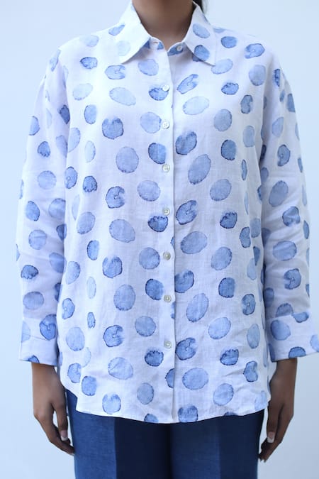 Buy_Linen Bloom_White Linen Collared Dot Print Shirt _Online_at_Aza_Fashions