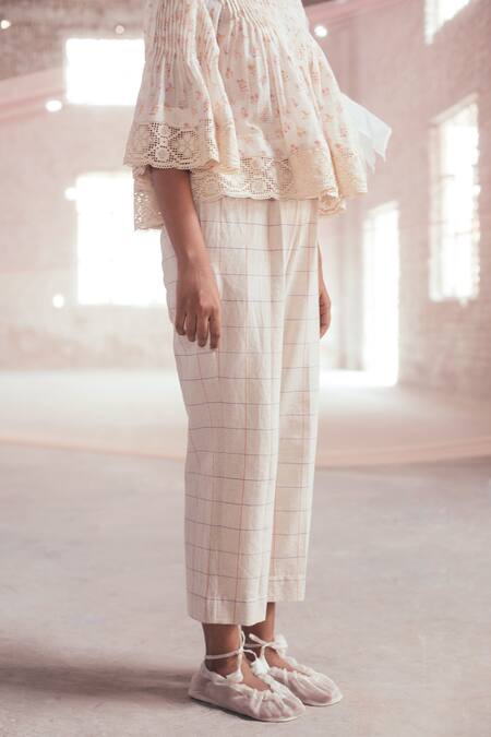 Buy_Itr By Khyati Pande_Off White Cotton Lace Split V-neck Blossom Handblock Print Top_Online_at_Aza_Fashions