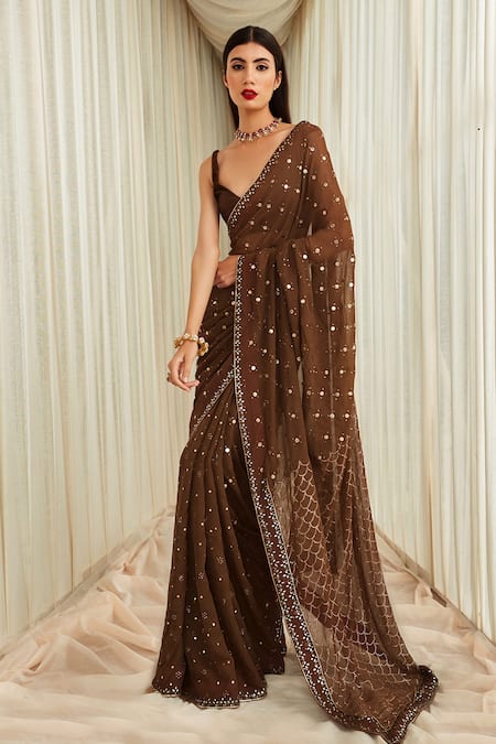 Sawan Gandhi_Brown Georgette Embellished Mukaish Plunge V Neck Mirror Work Saree Set_Online_at_Aza_Fashions