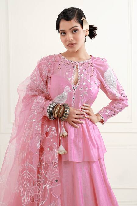 EK Soot Pink Chanderi, Organza Embroidery Round Neck Layered Lehenga Set at Aza Fashions EK Soot_Pink Chanderi, Organza Embroidery Round Neck Layered Lehenga Set_at_Aza_Fashions