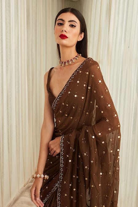 Buy_Sawan Gandhi_Brown Georgette Embellished Mukaish Plunge V Neck Mirror Work Saree Set_Online_at_Aza_Fashions