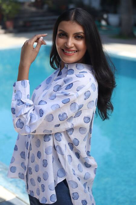 Shop_Linen Bloom_White Linen Collared Dot Print Shirt _Online_at_Aza_Fashions