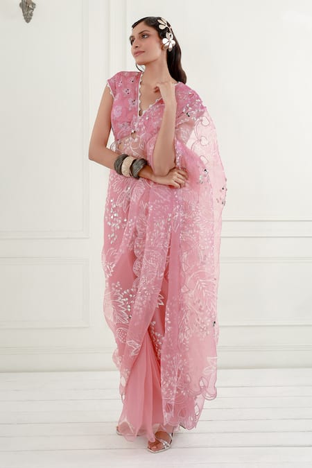 Buy_EK Soot_Pink Saree  Organza Printed Floral V Neck And Embroidered With Blouse  _Online_at_Aza_Fashions