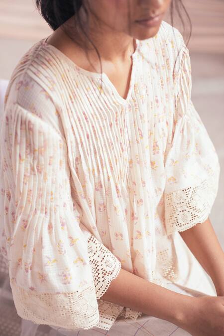 Shop_Itr By Khyati Pande_Off White Cotton Lace Split V-neck Blossom Handblock Print Top_Online_at_Aza_Fashions