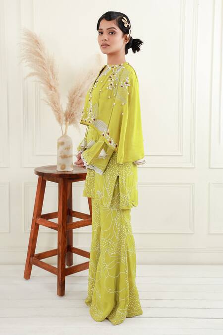 EK Soot_Green Silk Print And Applique Work Cape Kurta & Flared Pant Set  _Online_at_Aza_Fashions