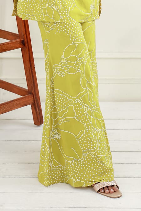 Buy_EK Soot_Green Silk Print And Applique Work Cape Kurta & Flared Pant Set  _Online_at_Aza_Fashions