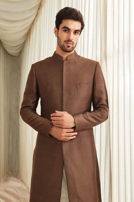 Buy_Sawan Gandhi_Brown Silk Mandarin Collar Sherwani And Pant Set_Online_at_Aza_Fashions