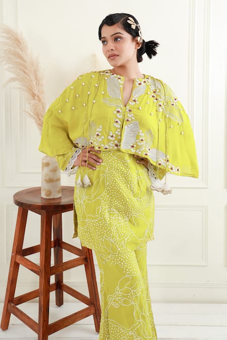 Shop_EK Soot_Green Silk Print And Applique Work Cape Kurta & Flared Pant Set  _Online_at_Aza_Fashions