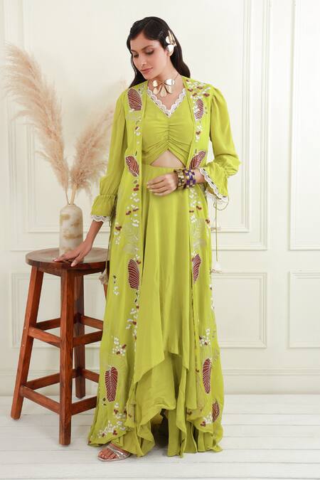 EK Soot Green Silk, Crepe Embroidery, Work Sleeveless Jacket And Layered Dress Set Online at Aza Fashions EK Soot_Green Silk, Crepe Embroidery, Work Sleeveless Jacket And Layered Dress Set_Online_at_Aza_Fashions