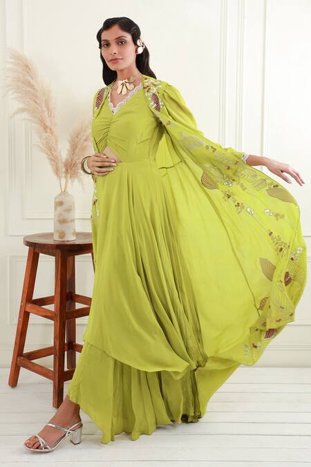 Buy EK Soot Green Silk, Crepe Embroidery, Work Sleeveless Jacket And Layered Dress Set Online at Aza Fashions Buy_EK Soot_Green Silk, Crepe Embroidery, Work Sleeveless Jacket And Layered Dress Set_Online_at_Aza_Fashions