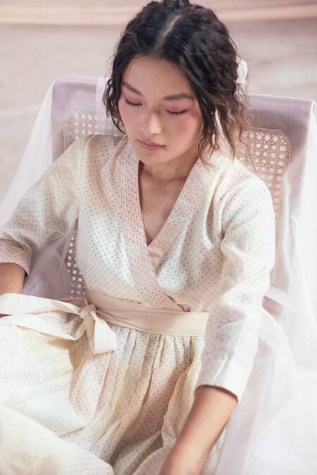 Itr By Khyati Pande_Off White Cotton, Silk Lace V-neck Confetti Hand Block Printed Wrap Dress_Online_at_Aza_Fashions