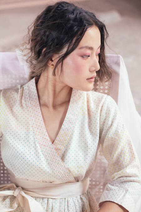 Buy_Itr By Khyati Pande_Off White Cotton, Silk Lace V-neck Confetti Hand Block Printed Wrap Dress_Online_at_Aza_Fashions