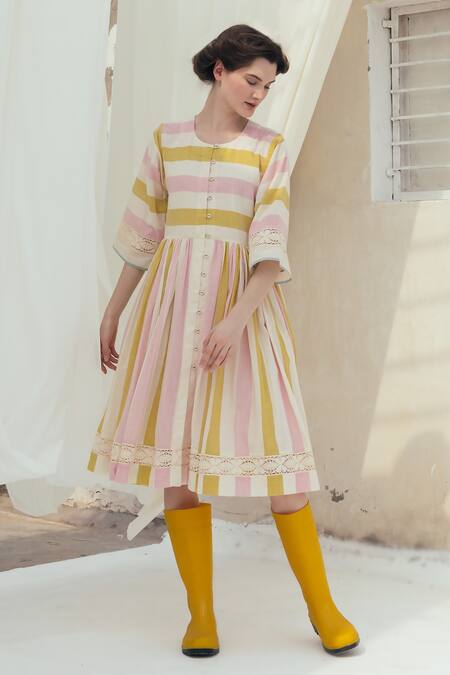 Buy_Itr By Khyati Pande_Beige Handloom , Lace Round Meringue Handwoven Stripe Pattern Dress_Online_at_Aza_Fashions