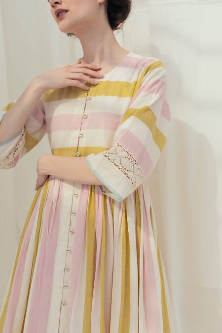 Shop_Itr By Khyati Pande_Beige Handloom , Lace Round Meringue Handwoven Stripe Pattern Dress_Online_at_Aza_Fashions