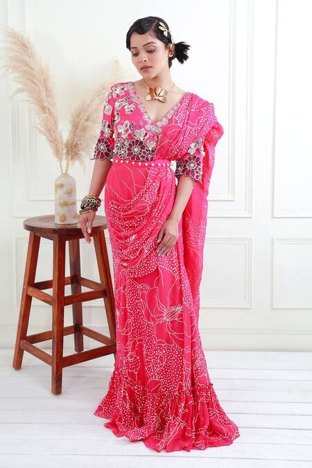 EK Soot_Pink Georgette And Silk Print & Embroidery Pre-draped Saree With Blouse  _Online_at_Aza_Fashions