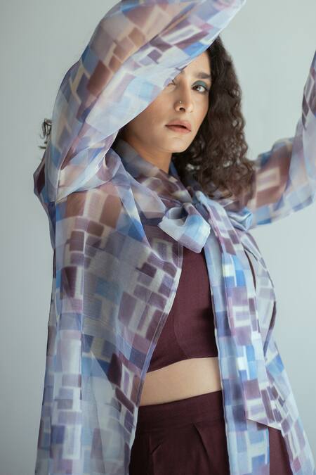 Buy_Kritika Madan Label_Maroon Organza, Crepe Turtle , Open Jacket And Pant Set_Online_at_Aza_Fashions