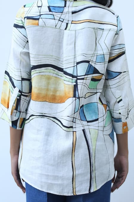 Shop_Linen Bloom_White Linen Collared Ocean Print Shirt _Online_at_Aza_Fashions