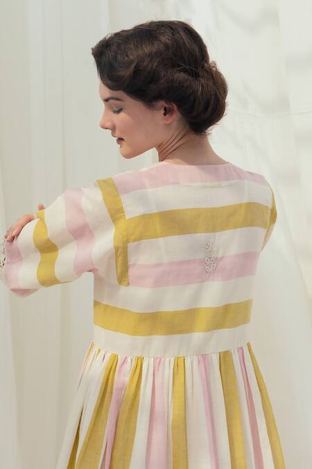 Itr By Khyati Pande_Beige Handloom , Lace Round Meringue Handwoven Stripe Pattern Dress_at_Aza_Fashions