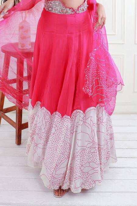 EK Soot_Pink Silk, Organza Applique, Pearls, Placement Floral Print Lehenga Set_Online_at_Aza_Fashions