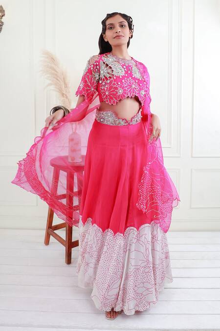Buy_EK Soot_Pink Silk, Organza Applique, Pearls, Placement Floral Print Lehenga Set_Online_at_Aza_Fashions