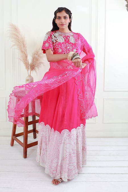 Shop_EK Soot_Pink Silk, Organza Applique, Pearls, Placement Floral Print Lehenga Set_Online_at_Aza_Fashions