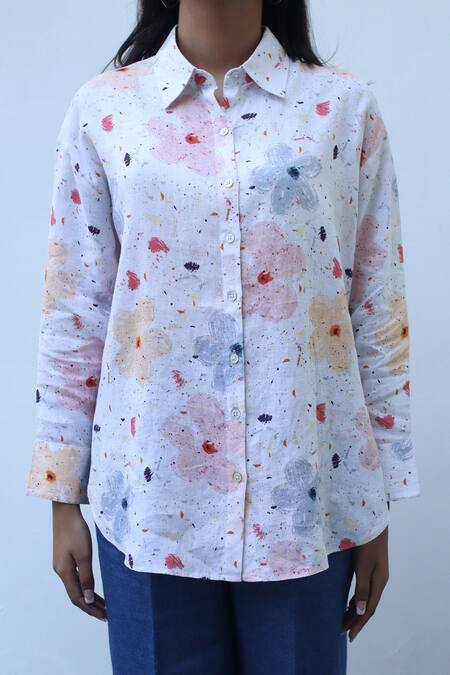 Buy_Linen Bloom_White Linen Embroidery Collared Spring Flower Shirt _Online_at_Aza_Fashions