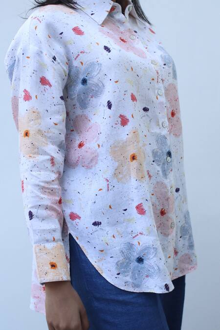 Shop_Linen Bloom_White Linen Embroidery Collared Spring Flower Shirt _Online_at_Aza_Fashions