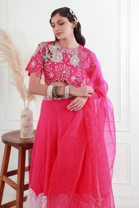 Buy_EK Soot_Pink Silk, Organza Applique, Pearls, Placement Floral Print Lehenga Set