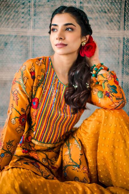 Shachi Sood_Yellow Dupion Silk, Fine Chanderi Beads And Sequins Embroidery, Kurta Sharara Set _Online_at_Aza_Fashions