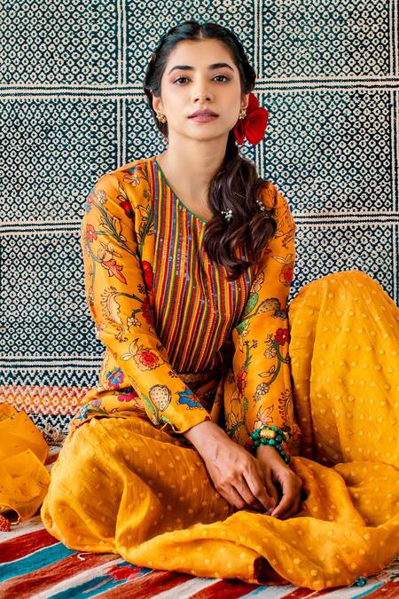 Buy_Shachi Sood_Yellow Dupion Silk, Fine Chanderi Beads And Sequins Embroidery, Kurta Sharara Set _Online_at_Aza_Fashions