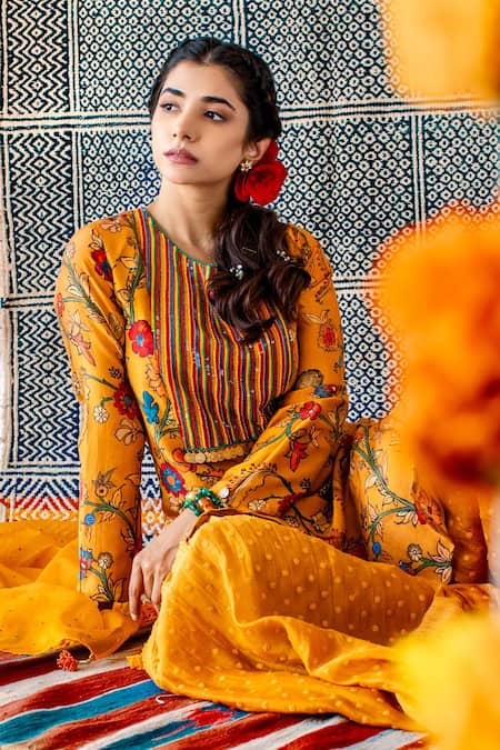 Shop_Shachi Sood_Yellow Dupion Silk, Fine Chanderi Beads And Sequins Embroidery, Kurta Sharara Set _Online_at_Aza_Fashions