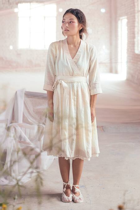 Shop_Itr By Khyati Pande_Off White Cotton, Silk Lace V-neck Confetti Hand Block Printed Wrap Dress_Online_at_Aza_Fashions