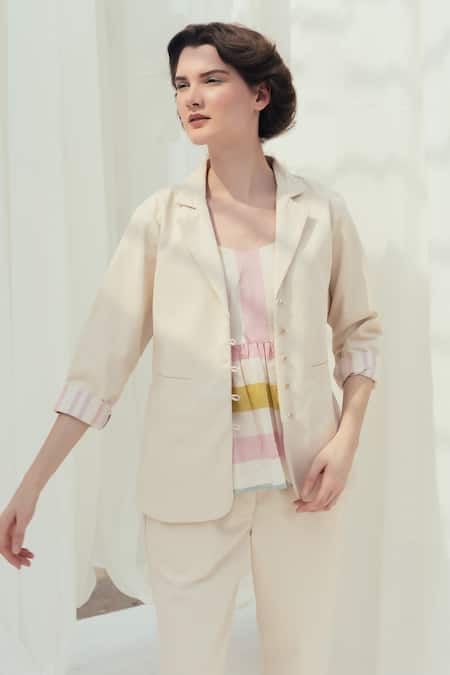 Buy_Itr By Khyati Pande_Beige , Handloom Embroidery Buttercream Notched Lapel Collar Jacket_Online_at_Aza_Fashions