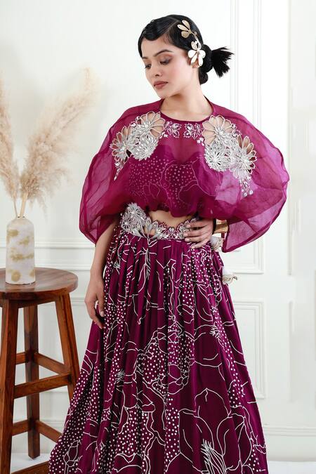 Buy_EK Soot_Purple Silk Printed Floral Cape  Embroidered And Gathered Skirt Set  _Online_at_Aza_Fashions