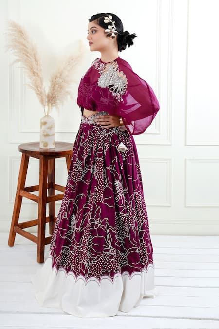 Shop_EK Soot_Purple Silk Printed Floral Cape  Embroidered And Gathered Skirt Set  _Online_at_Aza_Fashions