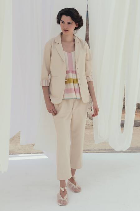 Shop_Itr By Khyati Pande_Beige , Handloom Embroidery Buttercream Notched Lapel Collar Jacket_Online_at_Aza_Fashions