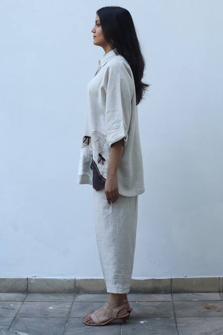 Shop_Linen Bloom_Beige Linen Straight Fit Pant _Online_at_Aza_Fashions