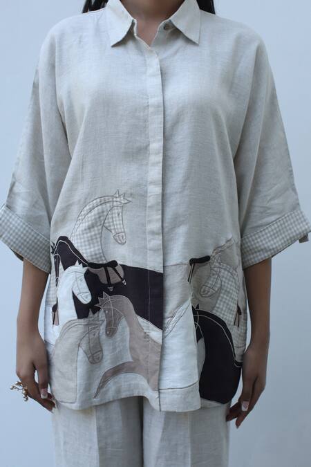 Shop_Linen Bloom_Beige Linen Applique Collared Horse Motif Shirt _Online_at_Aza_Fashions