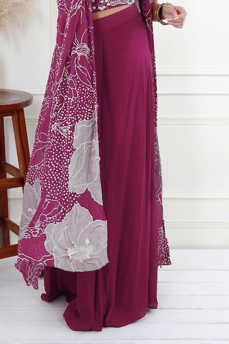 Buy_EK Soot_Purple Georgette Print And Embroidery Floral Cape & Draped Skirt Set  _Online_at_Aza_Fashions
