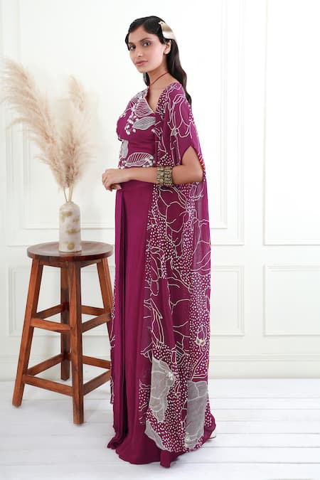 Shop_EK Soot_Purple Georgette Print And Embroidery Floral Cape & Draped Skirt Set  _Online_at_Aza_Fashions